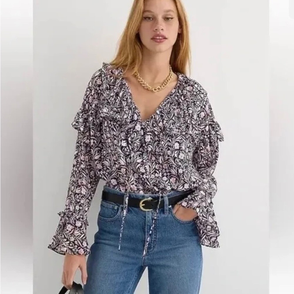 J.Crew Floral Ruffle Trim Chiffon Blouse Navy Pink Long Sleeve #BL047 Small